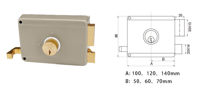 JW-LOCK Yellow Rim Lock 111A Dimensions