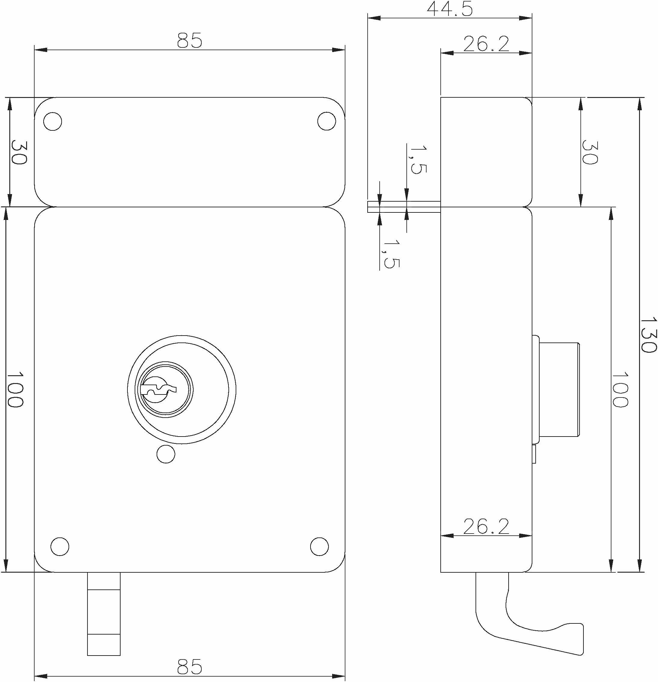JW-Lock Grey Rim Lock Dimensions