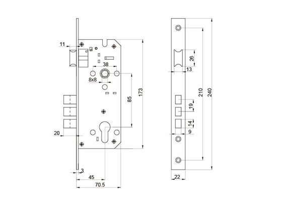 JW-LOCK 8545 Stainless Steel Mortise Door Lock Body Dimensions