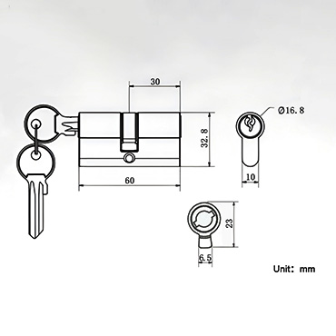 Dimension Drawing for Lock Cylinder with Keys