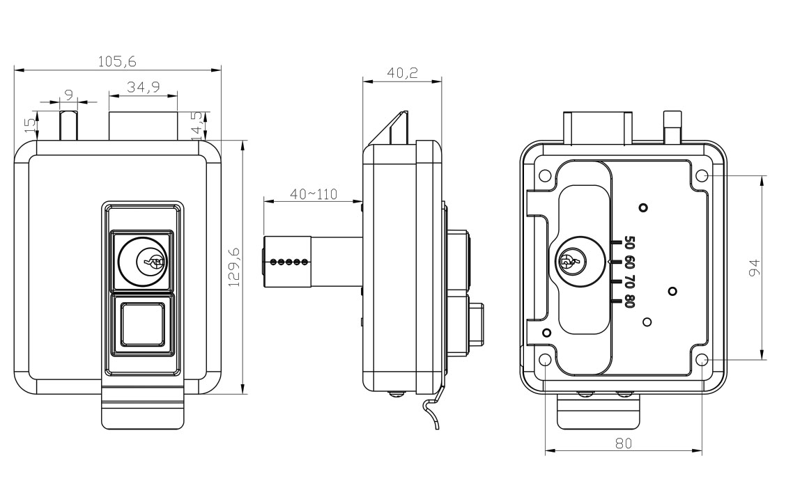 Dimension for Electric Rim Lock D013KL2