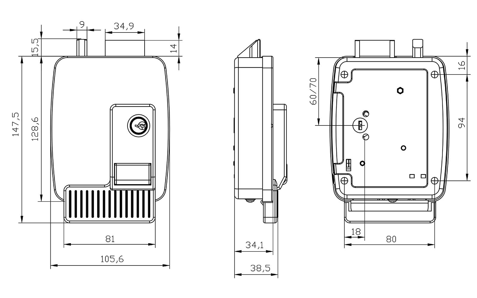 JW-LOCK External Dimension Line Drawing for Electric Rim Lock