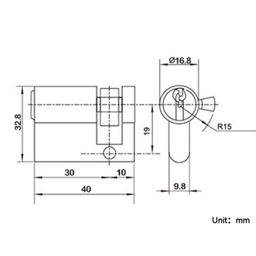 JW-LOCK 40mm Lock Cylinder Dimensional Drawing
