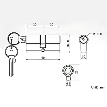 JW-LOCK 60mm Lock Cylinder 30 30 Dimensional Drawing